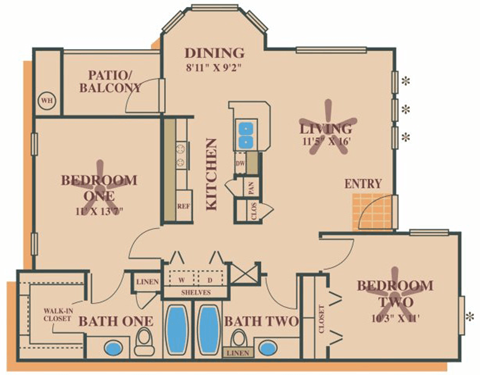 Floor plan for 2 beds, 2 baths, 950 sqft