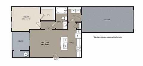 Floor plan for 1 bed, 1 bath, 729 sqft