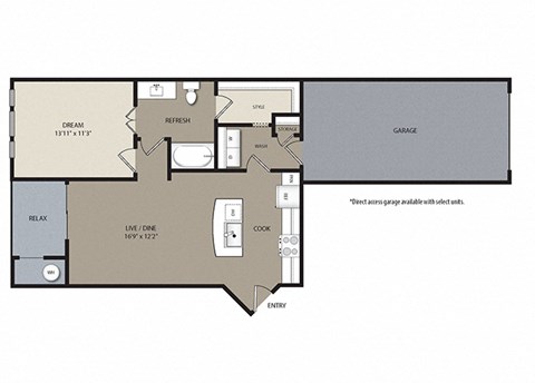 Floor plan for 1 bed, 1 bath, 784 sqft