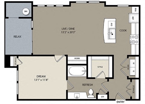 Floor plan for 1 bed, 1 bath, 874 sqft
