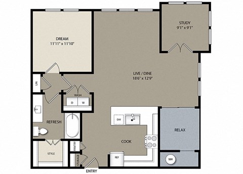 Floor plan for 1 bed, 1 bath, 990 sqft