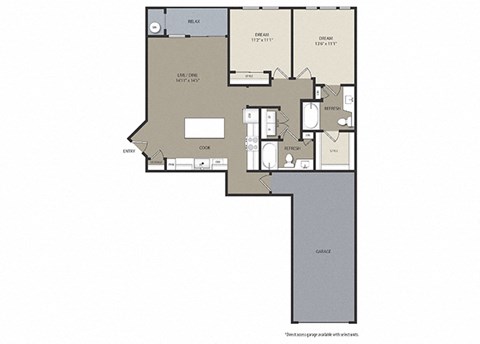 Floor plan for 2 beds, 2 baths, 1081 sqft