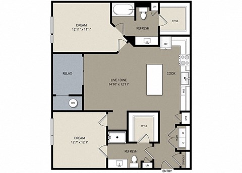 Floor plan for 2 beds, 2 baths, 1136 sqft