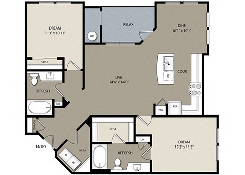 Floor plan for 2 beds, 2 baths, 1172 sqft
