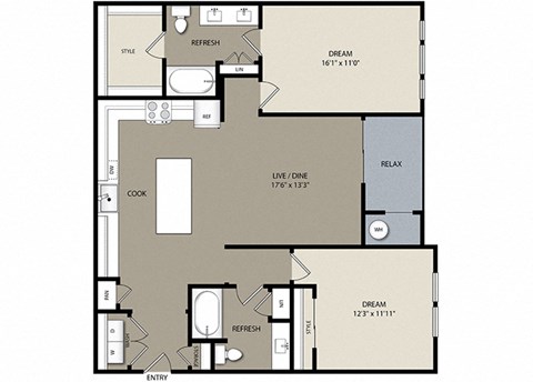 Floor plan for 2 beds, 2 baths, 1236 sqft