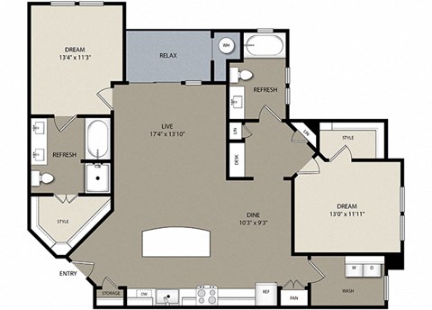 Floor plan for 2 beds, 2 baths, 1316 sqft