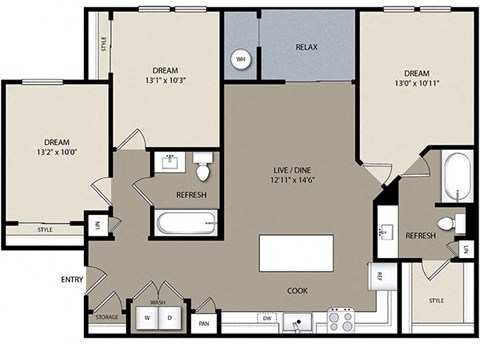 Floor plan for 3 beds, 2 baths, 1266 sqft