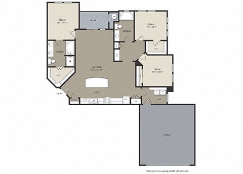 Floor plan for 3 beds, 2 baths, 1453 sqft