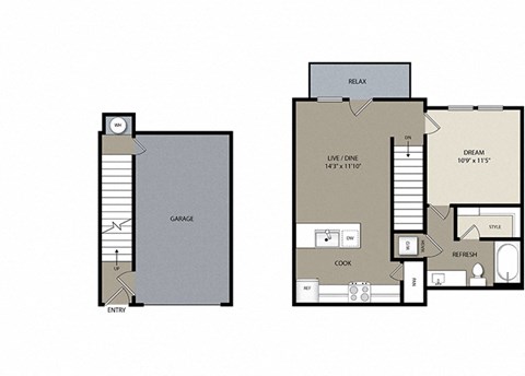 Floor plan for 1 bed, 1 bath, 696 sqft