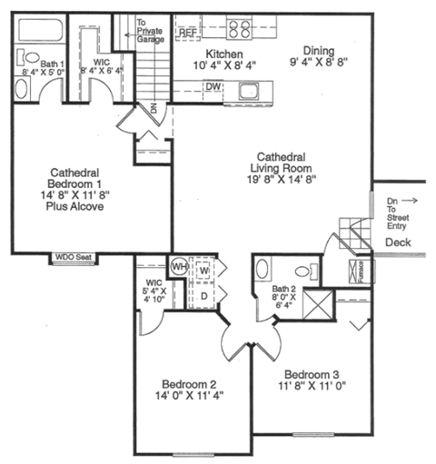 Floor plan for 3 beds, 2 baths, 1332 sqft