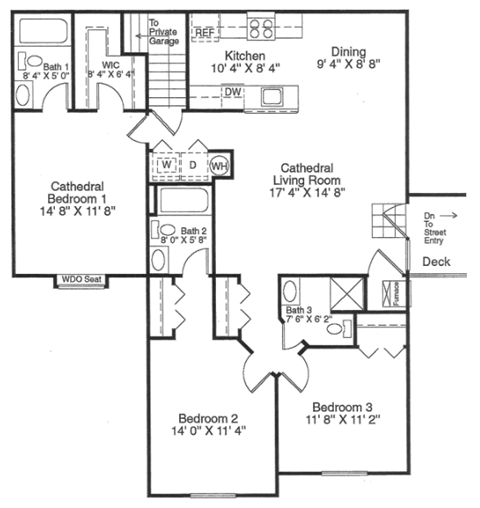 Floor plan for 3 beds, 3 baths, 1332 sqft