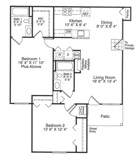 Floor plan for 2 beds, 2 baths, 1150 sqft