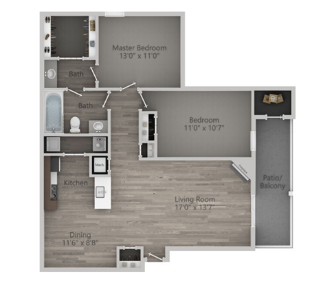 Floor plan for 2 beds, 1 bath, 1015 sqft