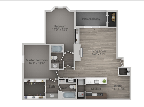 Floor plan for 2 beds, 2 baths, 1044 sqft