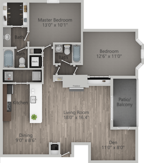 Floor plan for 2 beds, 2 baths, 1133 sqft
