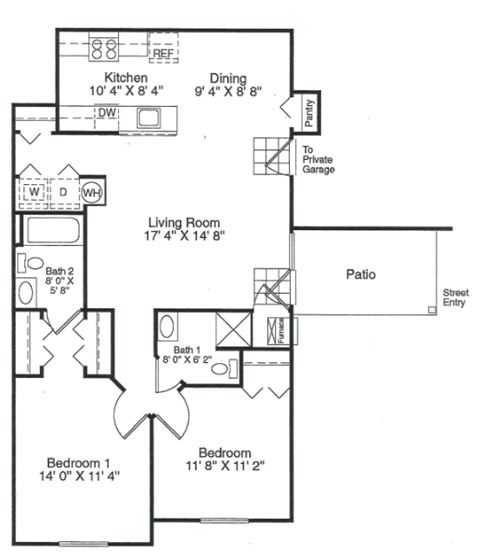Floor plan for 2 beds, 2 baths, 1009 sqft