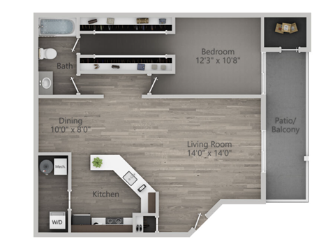 Floor plan for 1 bed, 1 bath, 662 sqft