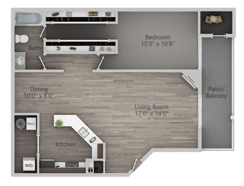 Floor plan for 1 bed, 1 bath, 819 sqft