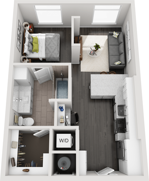 Floor plan for studio, 1 bath, 584 sqft