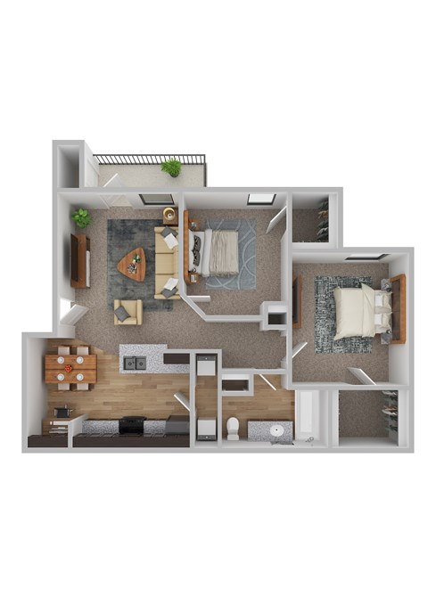 Floor plan for 2 beds, 1 bath, 857 sqft