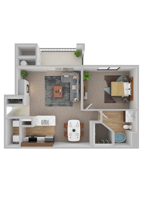 Floor plan for 1 bed, 1 bath, 744 sqft