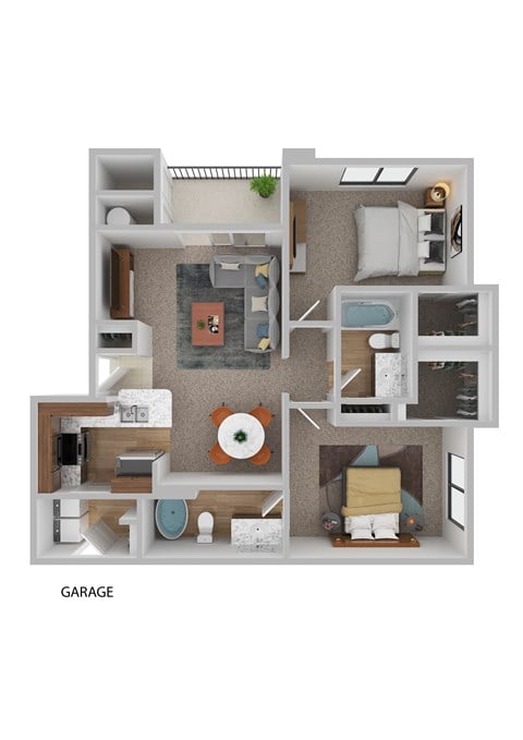 Floor plan for 2 beds, 2 baths, 955 sqft