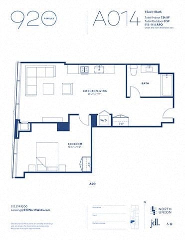 Floor plan for 1 bed, 1 bath, 724 sqft