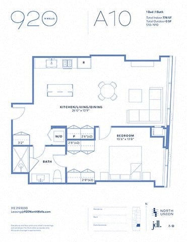 Floor plan for 1 bed, 1 bath, 778 sqft
