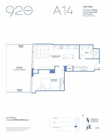 Floor plan for 1 bed, 1 bath, 724 sqft