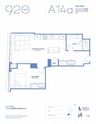 Floor plan for 1 bed, 1 bath, 720 sqft