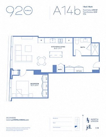 Floor plan for 1 bed, 1 bath, 690 sqft