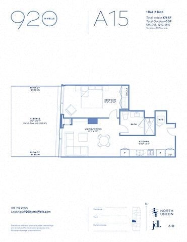 Floor plan for 1 bed, 1 bath, 674 sqft