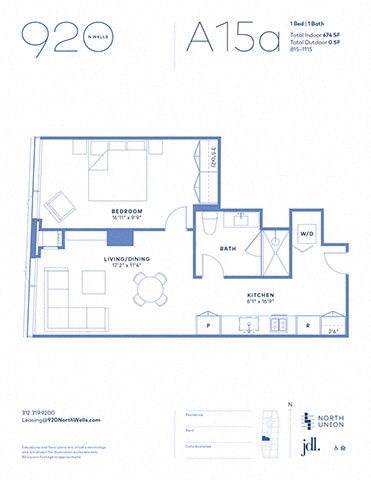 Floor plan for 1 bed, 1 bath, 674 sqft