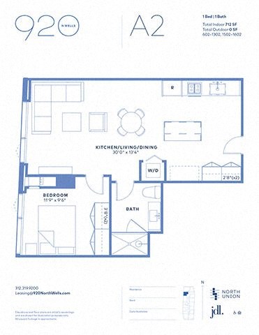 Floor plan for 1 bed, 1 bath, 712 sqft