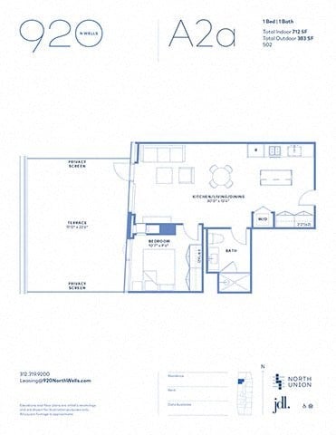 Floor plan for 1 bed, 1 bath, 712 sqft