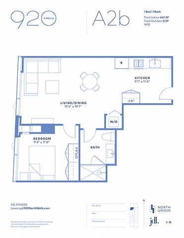 Floor plan for 1 bed, 1 bath, 645 sqft