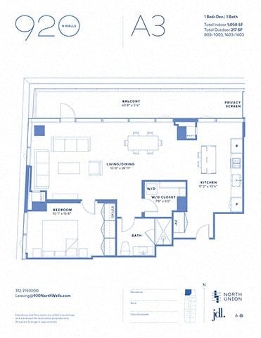 Floor plan for 1 bed, 1 bath, 1040 sqft