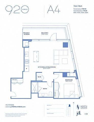 Floor plan for 1 bed, 1 bath, 738 sqft