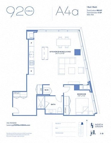 Floor plan for 1 bed, 1 bath, 883 sqft