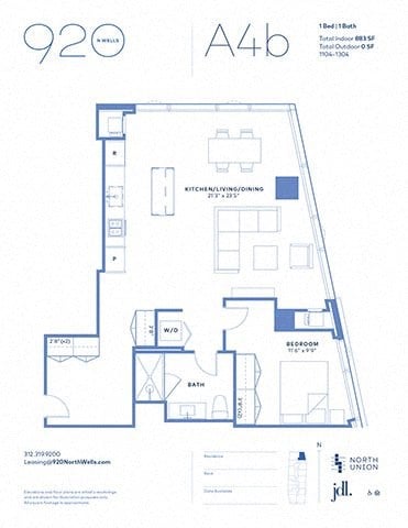 Floor plan for 1 bed, 1 bath, 883 sqft