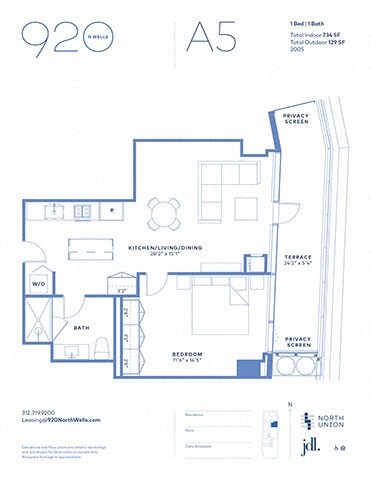 Floor plan for 1 bed, 1 bath, 730 sqft