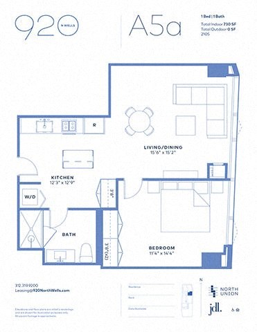 Floor plan for 1 bed, 1 bath, 730 sqft