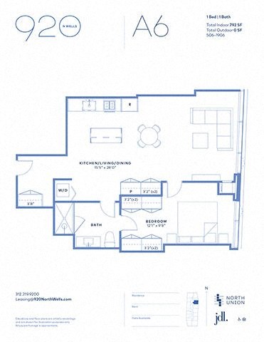 Floor plan for 1 bed, 1 bath, 792 sqft