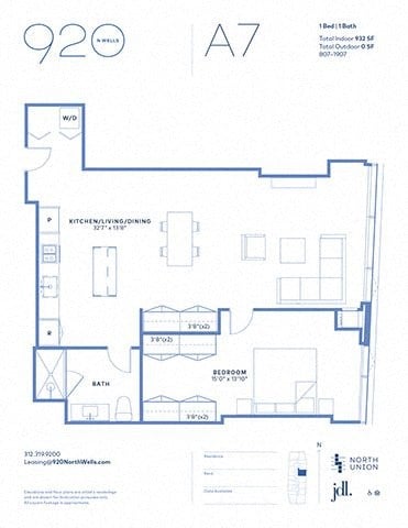 Floor plan for 1 bed, 1 bath, 932 sqft