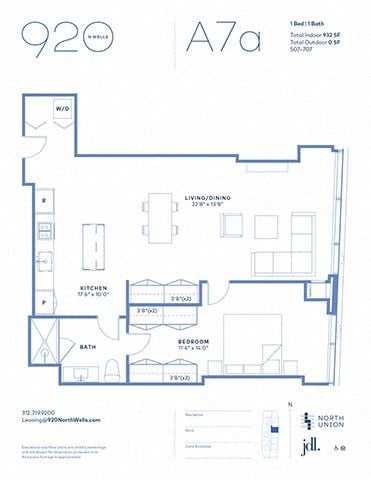 Floor plan for 1 bed, 1 bath, 932 sqft