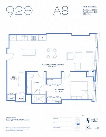 Floor plan for 1 bed, 1 bath, 895 sqft