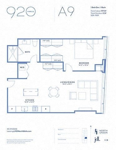 Floor plan for 1 bed, 1 bath, 802 sqft