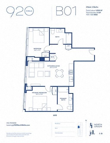 Floor plan for 2 beds, 2 baths, 1050 sqft