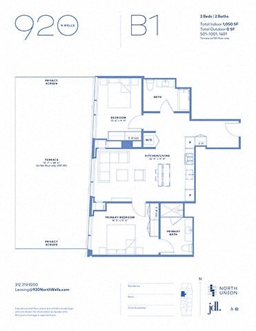 Floor plan for 2 beds, 2 baths, 1050 sqft