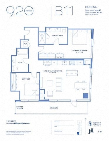 Floor plan for 2 beds, 2 baths, 1124 sqft